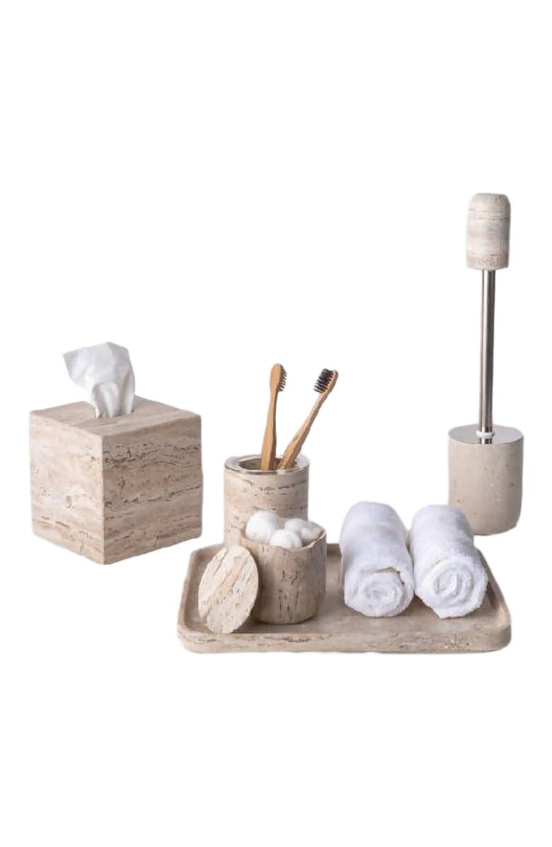 AndJacob Decor Less Is More Low Container, Alternate, color, Travertine Marble