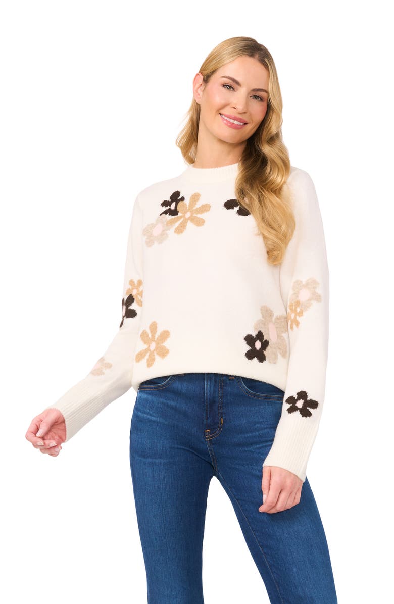 CeCe Floral Crewneck Sweater, Alternate, color, Antique White