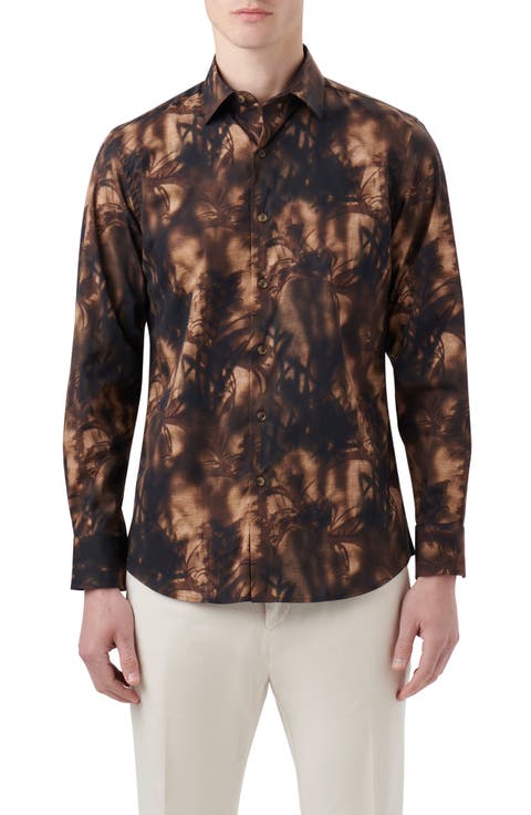 Julian Shaped Fit Shadow Print Stretch Cotton Button-Up Shirt