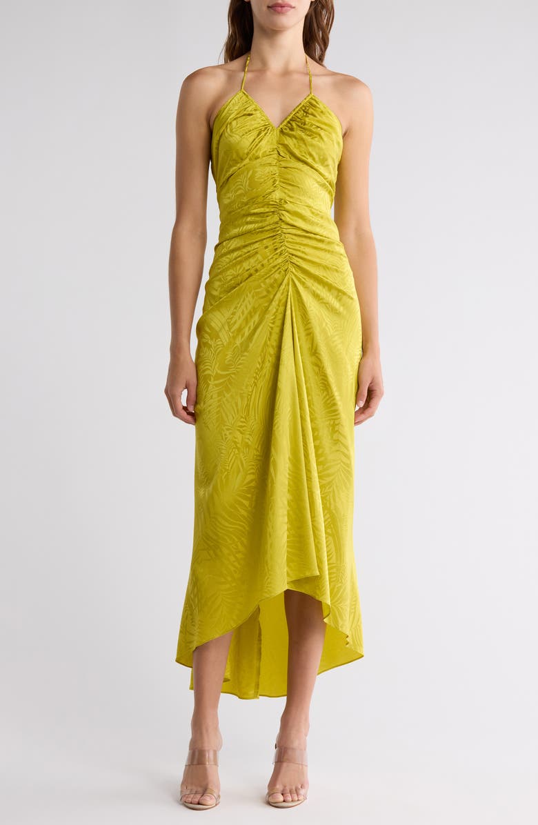 Veronica Beard Aldana Ruched Stretch Silk Blend Dress, Main, color, Chartreuse