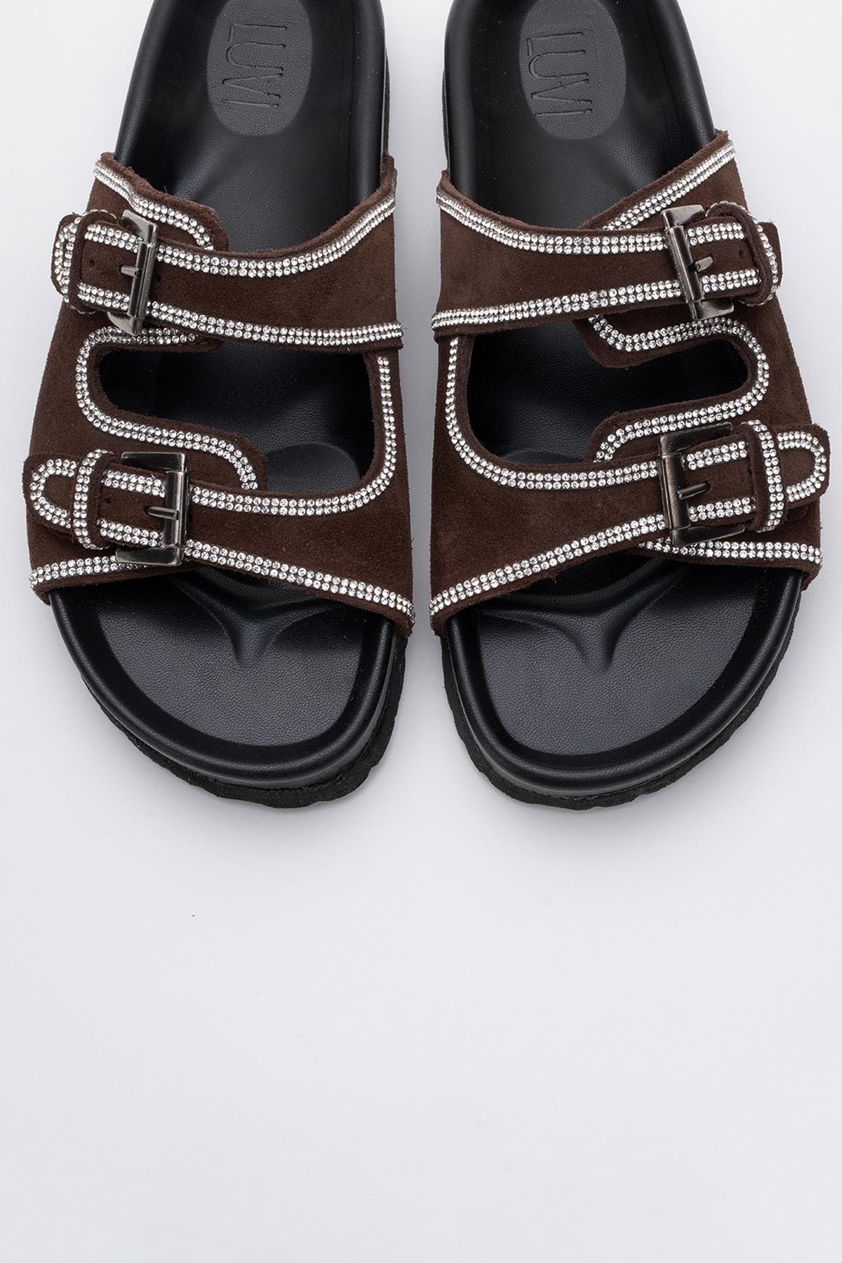 Allen Rhinestone Leather Slide Sandal, Alternate, color, Brown Suede Leather
