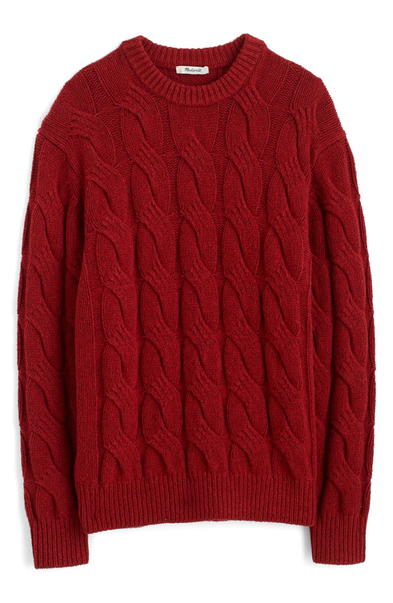 Madewell Crewneck Cable Knit Wool Blend Sweater, Alternate, color, Heather Garnet