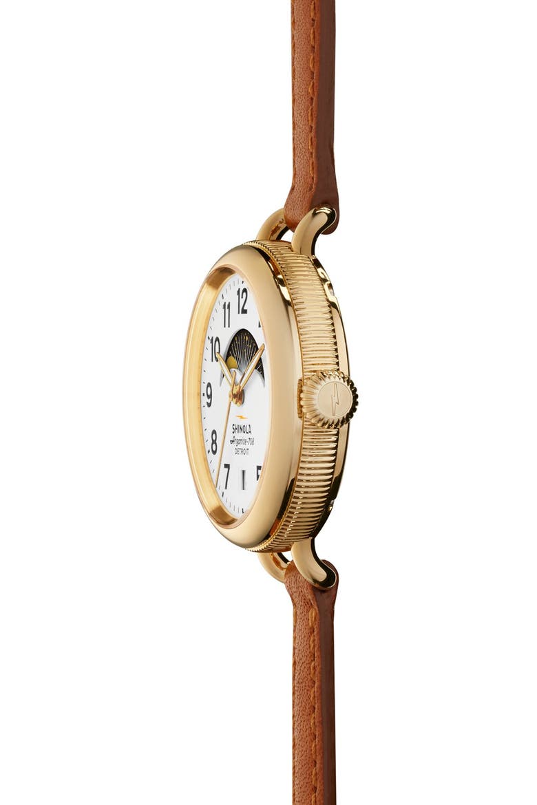 The Birdy Moon Phase Leather Strap Watch, 34mm, Alternate, color, BROWN/ WHITE/ GOLD
