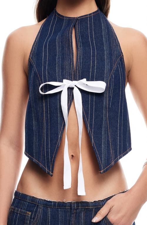 Lioness Denim Halterneck Contrast Bow Split Front Top In Dark Denim Stripe