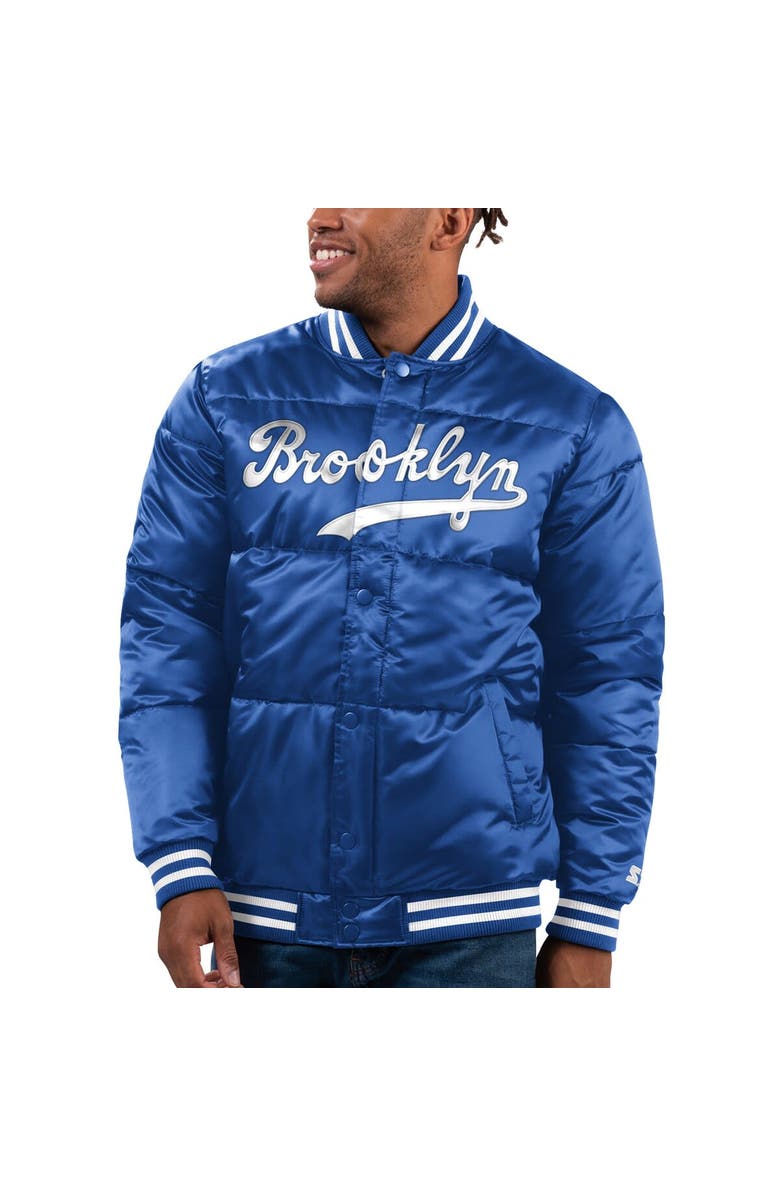 STARTER Men's Starter Royal Brooklyn Dodgers Cooperstown Collection Bronx Satin Full-Snap Varsity Bomber Jacket, Alternate, color, Royal