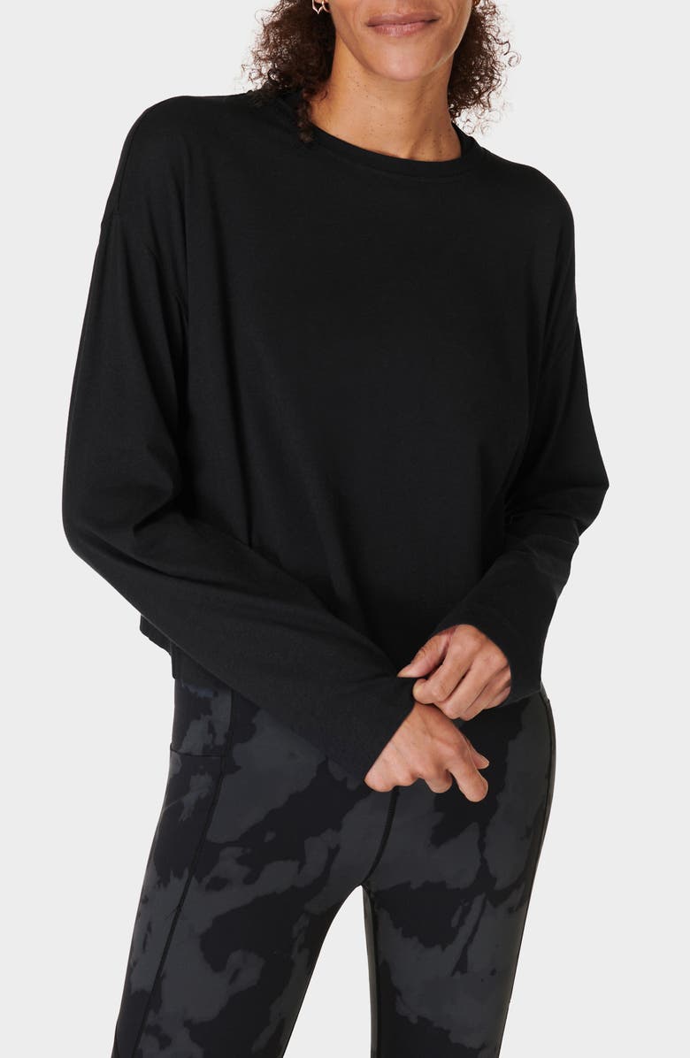 Sweaty Betty Essential Long Sleeve Organic Cotton Blend Crop T-Shirt, Alternate, color, Black