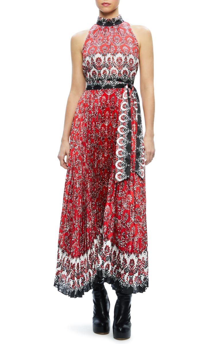 Alice + Olivia Mertie Print Tie Waist Sleeveless Maxi Dress, Main, color,