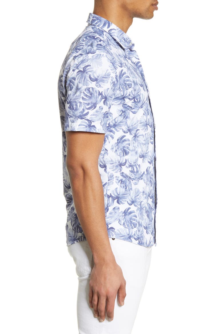 Robb Slim Fit Palm Print Short Sleeve Button-Up Performance Shirt, Alternate, color, NAVY