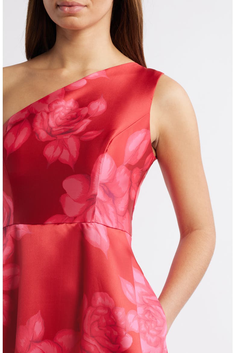 Floral One-Shoulder Satin Gown, Alternate, color, RED