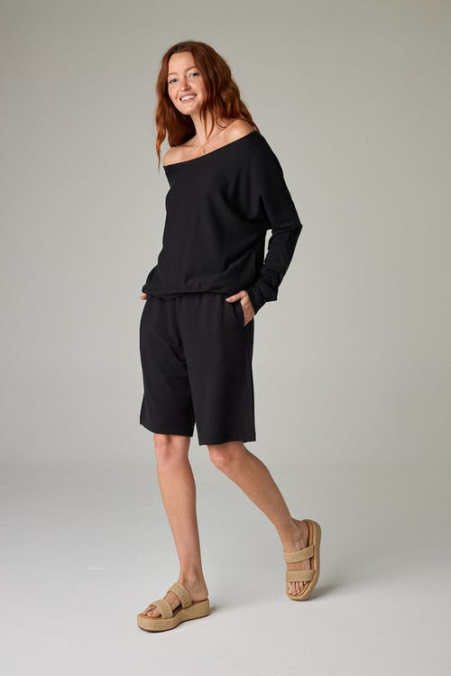 Eavolu Baikal Eco-luxe Fleece Off-shoulder Crop Top In Black