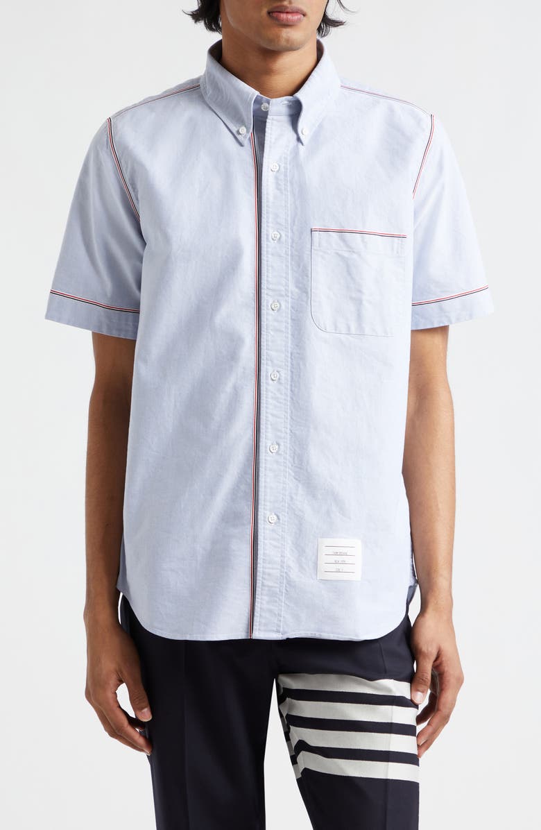 Thom Browne Tricolor Trim Short Sleeve Cotton Button-Down Shirt, Main, color, 