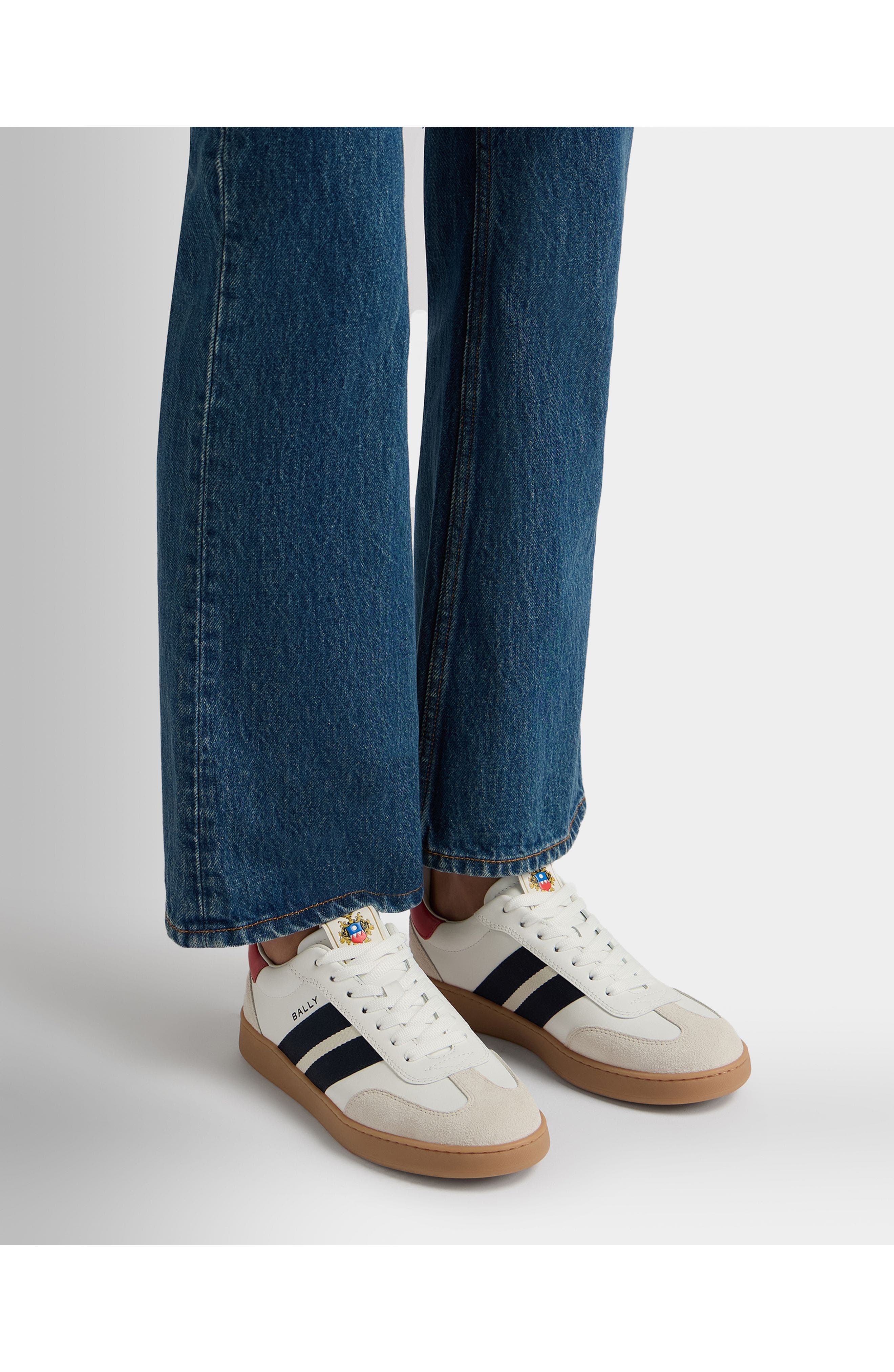 Bally Retro Crest Sneaker in Plain Leather, Alternate, color, White/Swiss Red