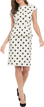 London Times Polka Dot Cap Sleeve Peplum Sheath Dress