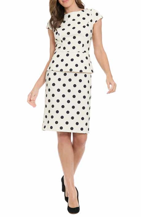 London Times Polka Dot Cap Sleeve Peplum Sheath Dress