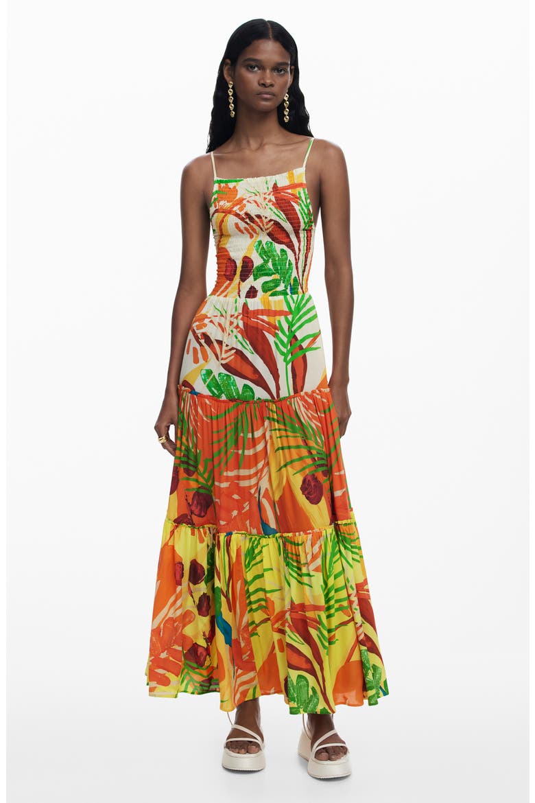 Smocked Bodice Tiered Maxi Cover-Up Sundress, Alternate, color, ORANGE MULTI