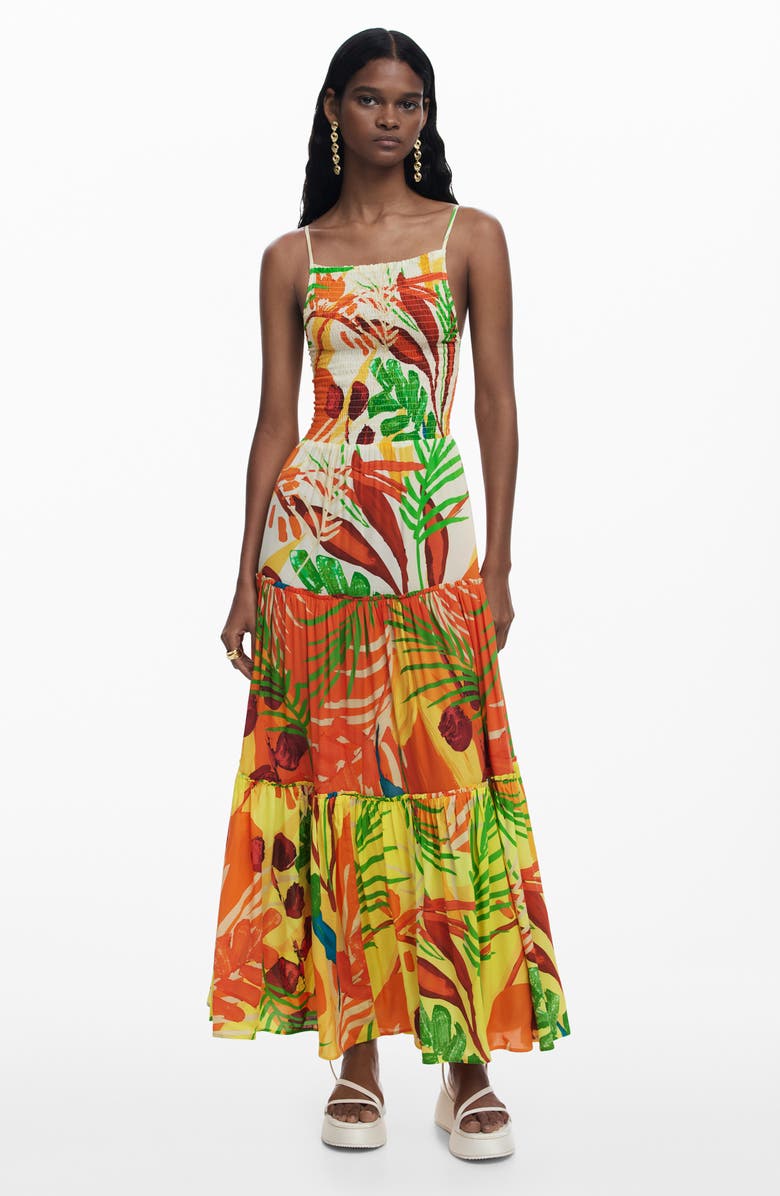Desigual Smocked Bodice Tiered Maxi Cover-Up Sundress, Main, color, Orange Multi