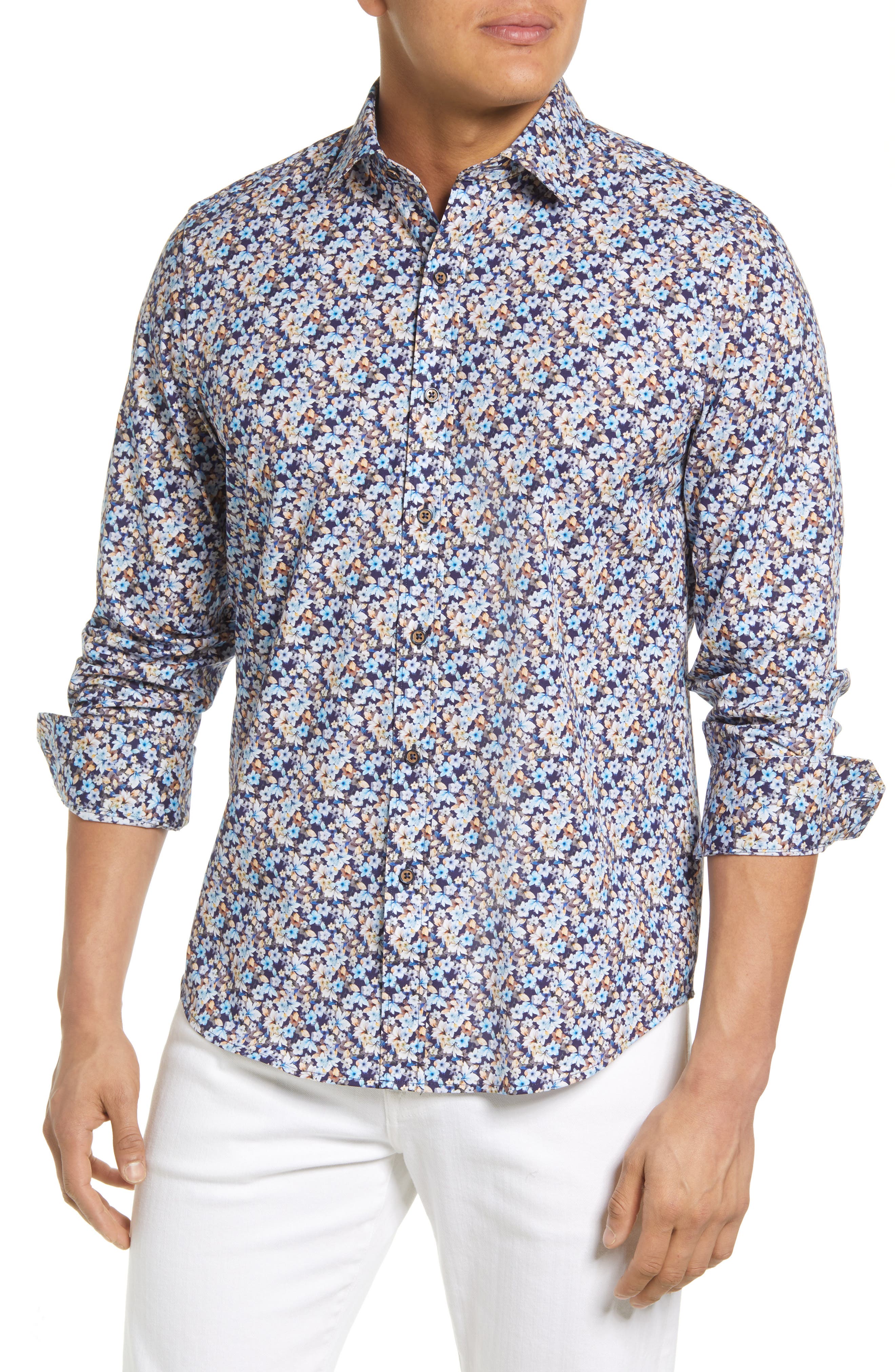 Calender Button Shape Bugatchi Shaped Fit Floral Stretch Cotton Button-Up Shirt (Men) | Nordstrom