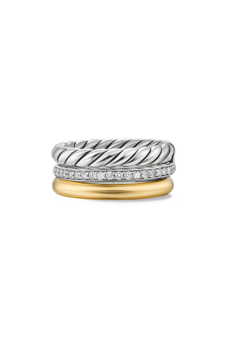 DY Mercer® Three Row Ring in Sterling Silver with 18K Yellow Gold & Diamonds, 8.9mm, Alternate, color, DIAMOND/ SILVER/ GOLD