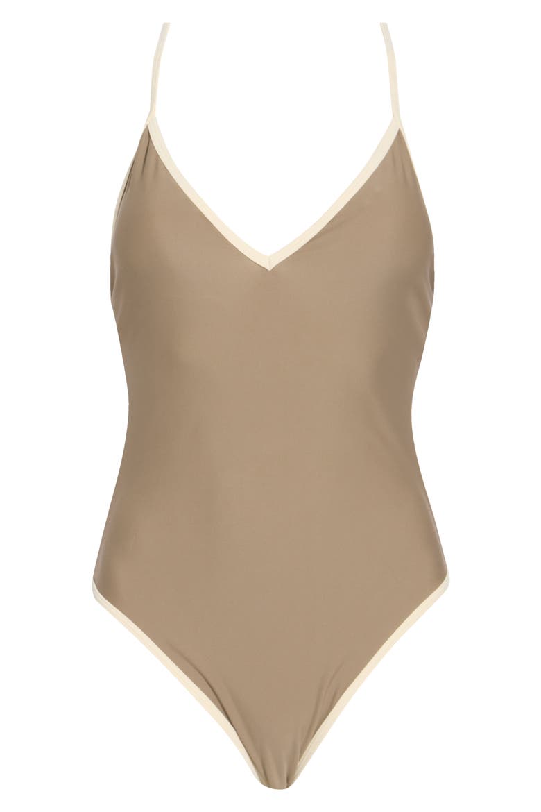 Contrast V-Neck One-Piece Swimsuit, Alternate, color, TAUPE HAZE
