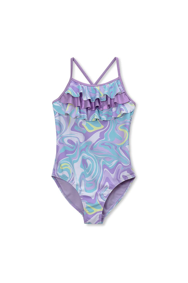 Girls Chlorine Resistant X-Back Ruffle One Piece Swimsuit, Main, color, Pastel/Lilac/Foil/Swirl