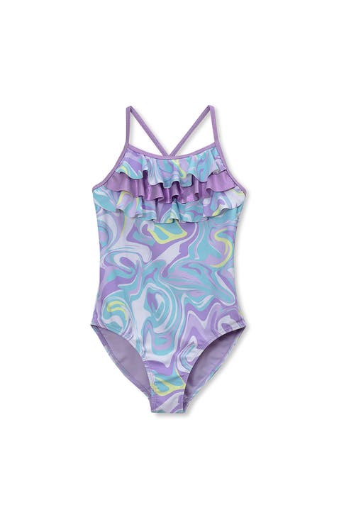 Girls Chlorine Resistant X-Back Ruffle One Piece Swimsuit