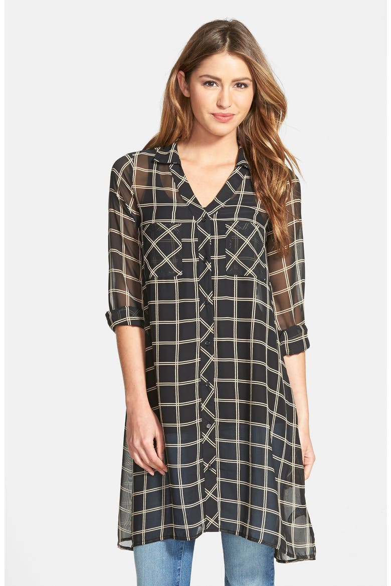 Plaid Chiffon Tunic, Main, color, GOLD/ BLACK PLAID