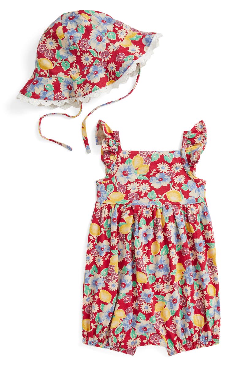 Ralph Lauren Floral Print Cotton Bubble Romper & Sun Hat Set, Alternate, color, 