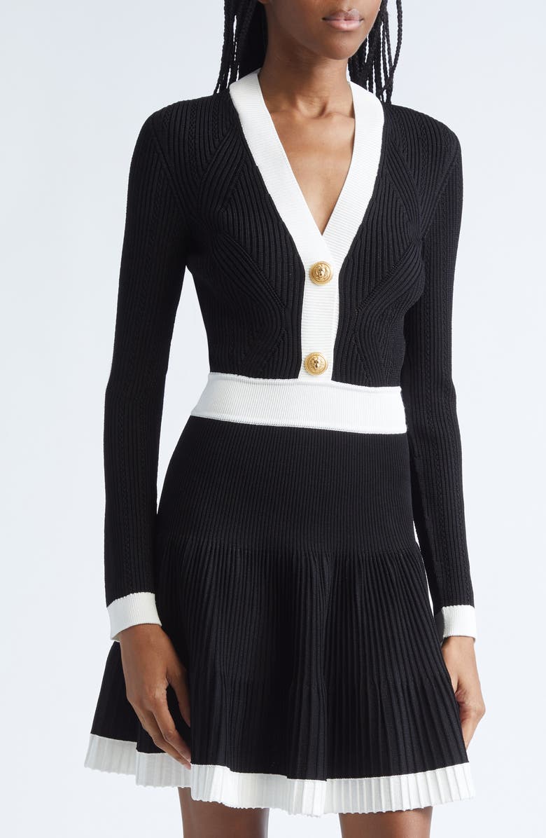 Balmain Colorblock Twisted Cable Long Sleeve Sweater Dress, Alternate, color, Black/ White