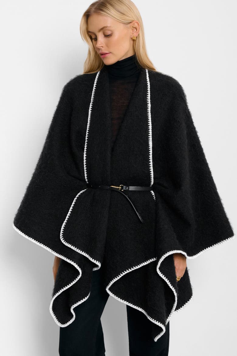 Whipstitch Blanket Cape with Belt, Alternate, color, Black
