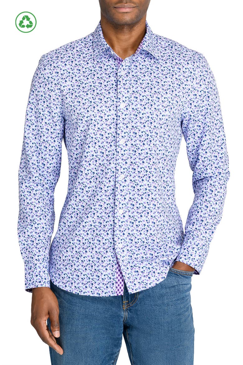 Slim Fit Ditsy Floral Recycled 4-Way Stretch Performance Long Sleeve Shirt, Main, color, LILAC