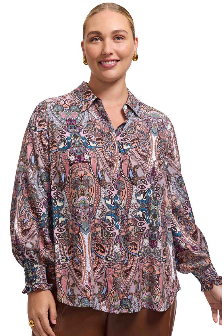 Olivia Paisley Smocked Cuff Button-Up Shirt, Alternate, color, BEIGE