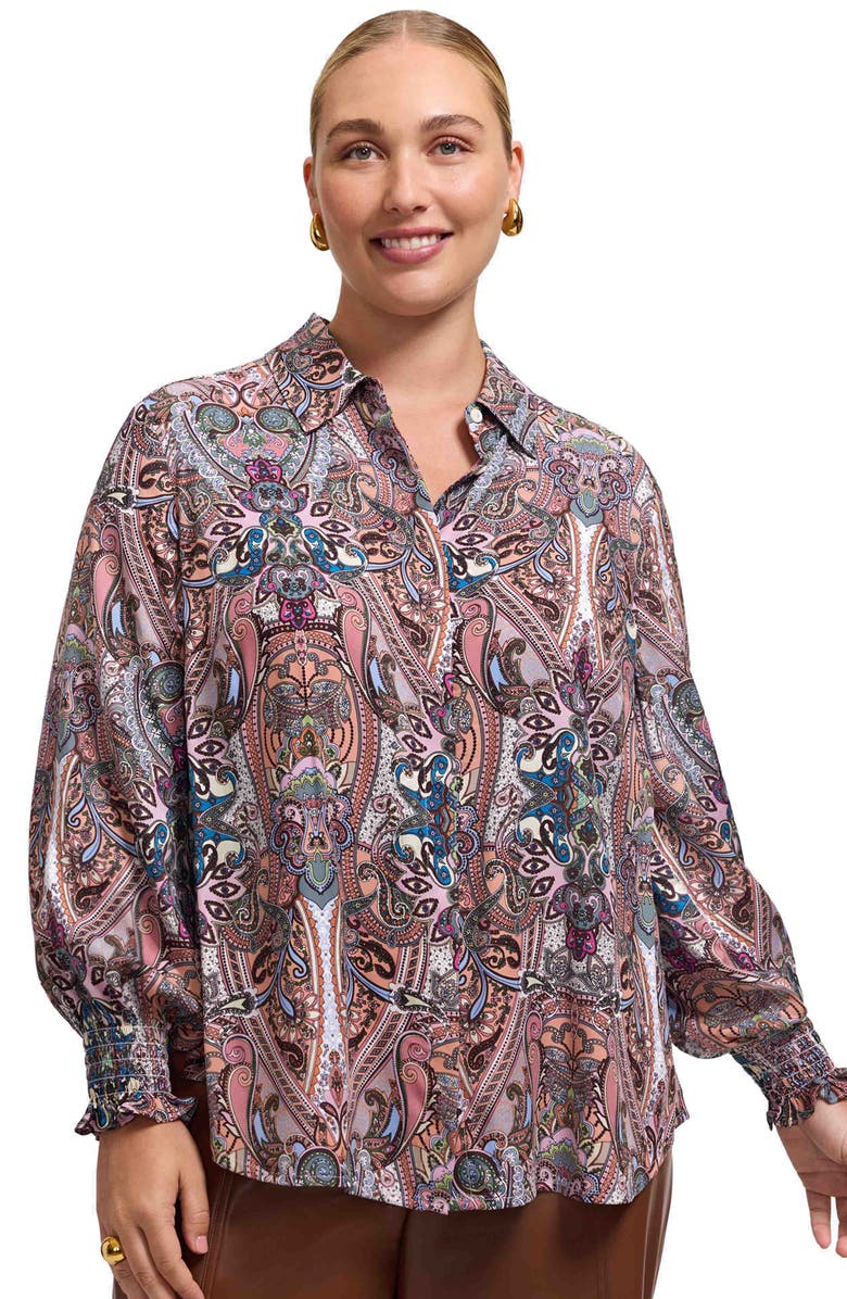 Foxcroft Olivia Paisley Smocked Cuff Button-Up Shirt, Alternate, color, Beige