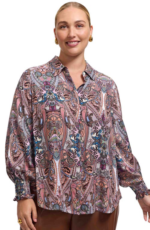 Foxcroft Olivia Paisley Smocked Cuff Button-up Shirt In Gold