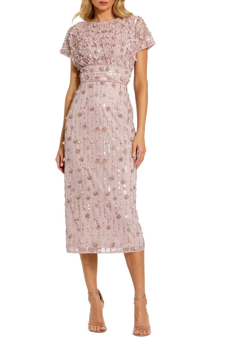 Cap Sleeve Column Midi Dress With Floral Beading, Main, color, VINTAGE LILAC