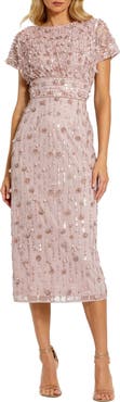 Mac Duggal Cap Sleeve Column Midi Dress With Floral Beading