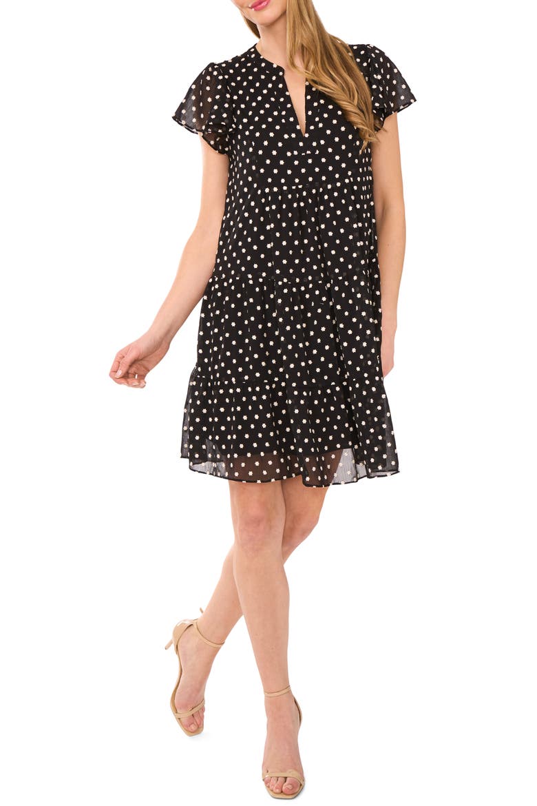 Embroidered Floral Flutter Sleeve Tiered Minidress, Main, color, RICH BLACK