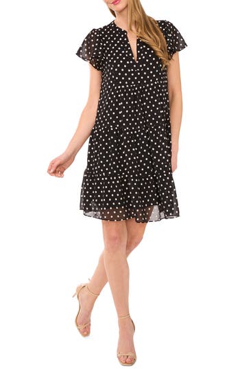 Cece Embroidered Floral Flutter Sleeve Tiered Minidress In Black