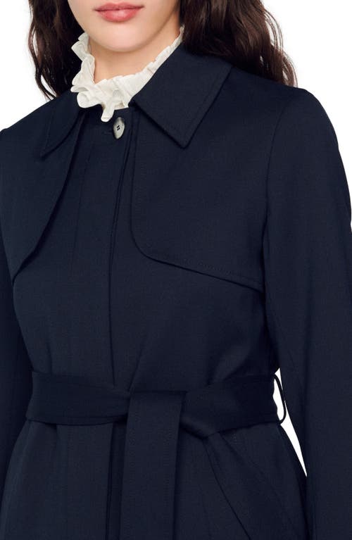 Sandro Trench Coat With Pleated Inset In Navy Blue