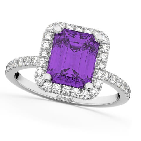 Lab Amethyst & Diamond Engagement Ring 14k