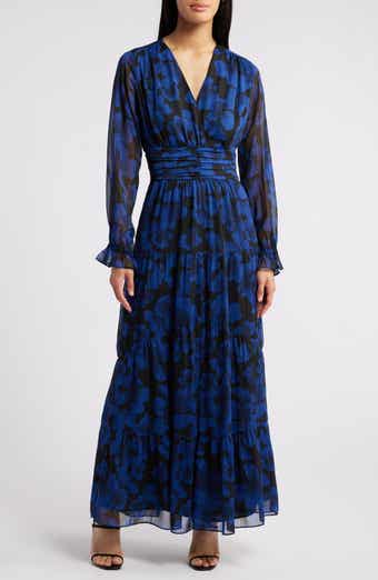 Chelsea28 Ruffle Long Sleeve Faux Wrap Maxi Dress in Black Blue T Tia Floral at Nordstrom Size XX Large