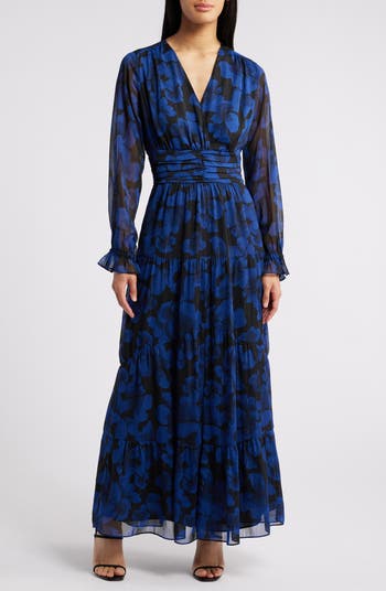 Floral Metallic Long Sleeve Chiffon Dress Floral Metallic Long Sleeve Chiffon Dress