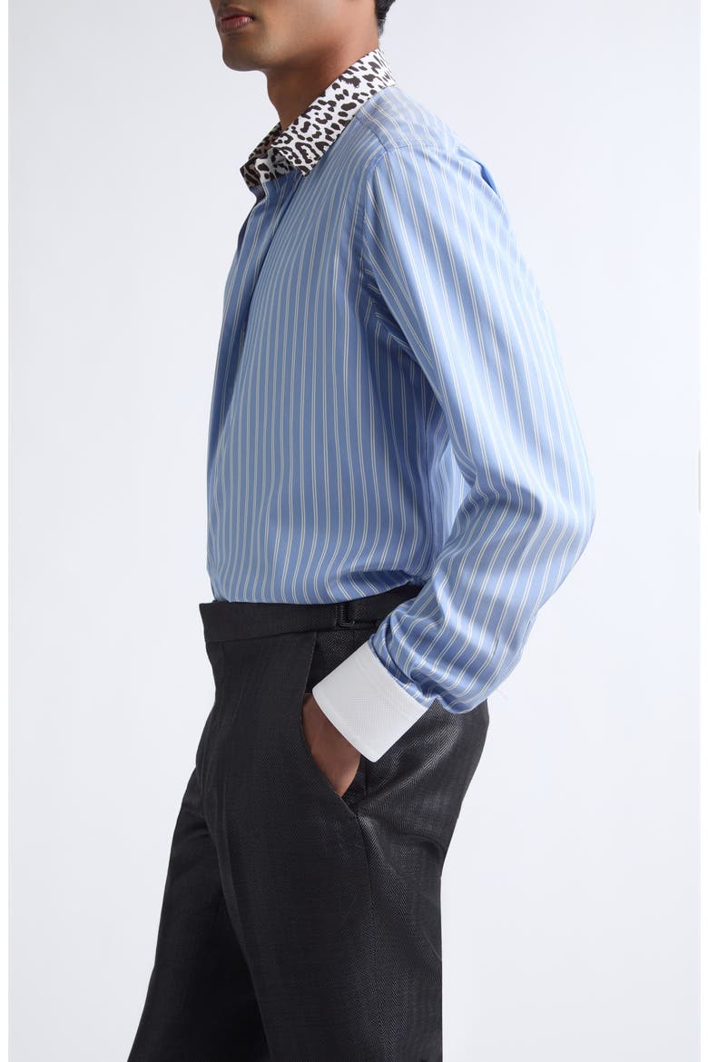 Contrast Collar Track Stripe Silk Button-Up Shirt, Alternate, color, SKY BLUE/ OFF WHITE