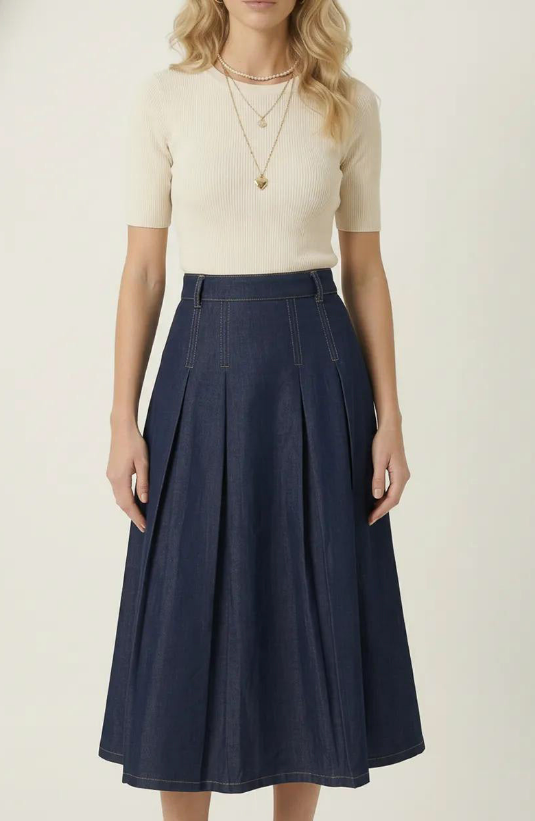 Modenaire High Waist Pleated Detail A-Line Midi Skirt, Alternate, color, Navy Blue