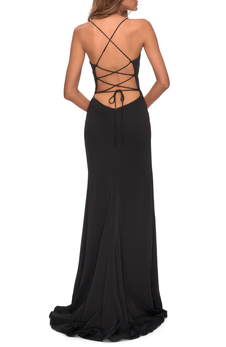 La Femme Flutter Slit Trumpet Gown, Alternate, color, 
