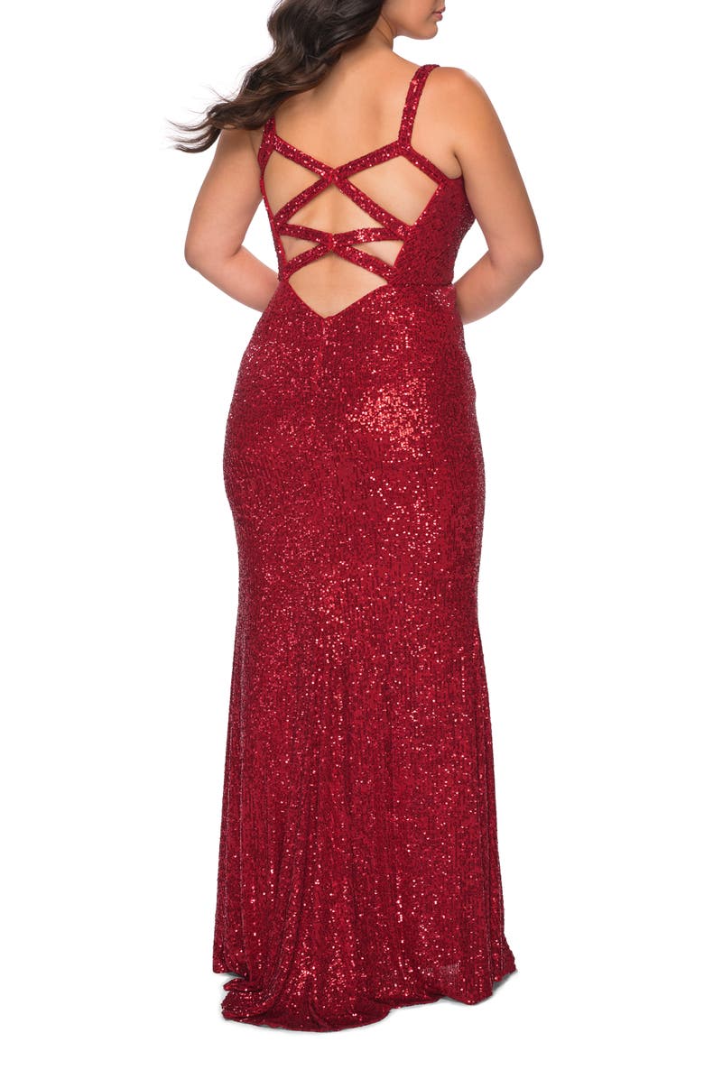 La Femme Sequined Curvy Dress with Criss Cross Back, Alternate, color, Red