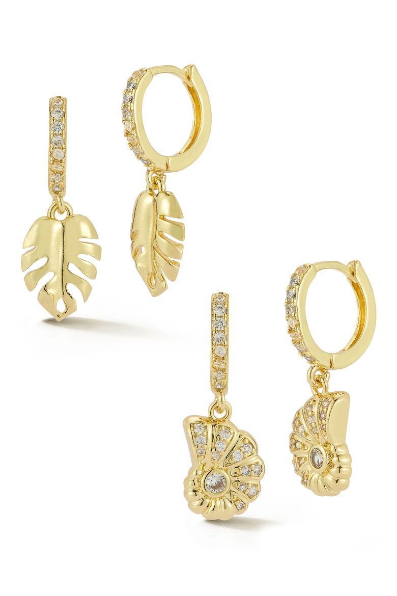 Set of 2 Leaf & Shell Drop Huggie Hoop Earrings, Main, color, GOLD