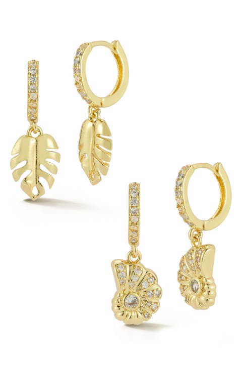 Set of 2 Leaf & Shell Drop Huggie Hoop Earrings