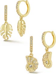 GLAZE JEWELRY Set of 2 Leaf & Shell Drop Huggie Hoop Earrings