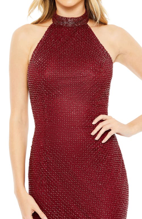 MAC DUGGAL MAC DUGGAL HAND EMBELLISHED HALTER NECK MIDI SHEATH DRESS