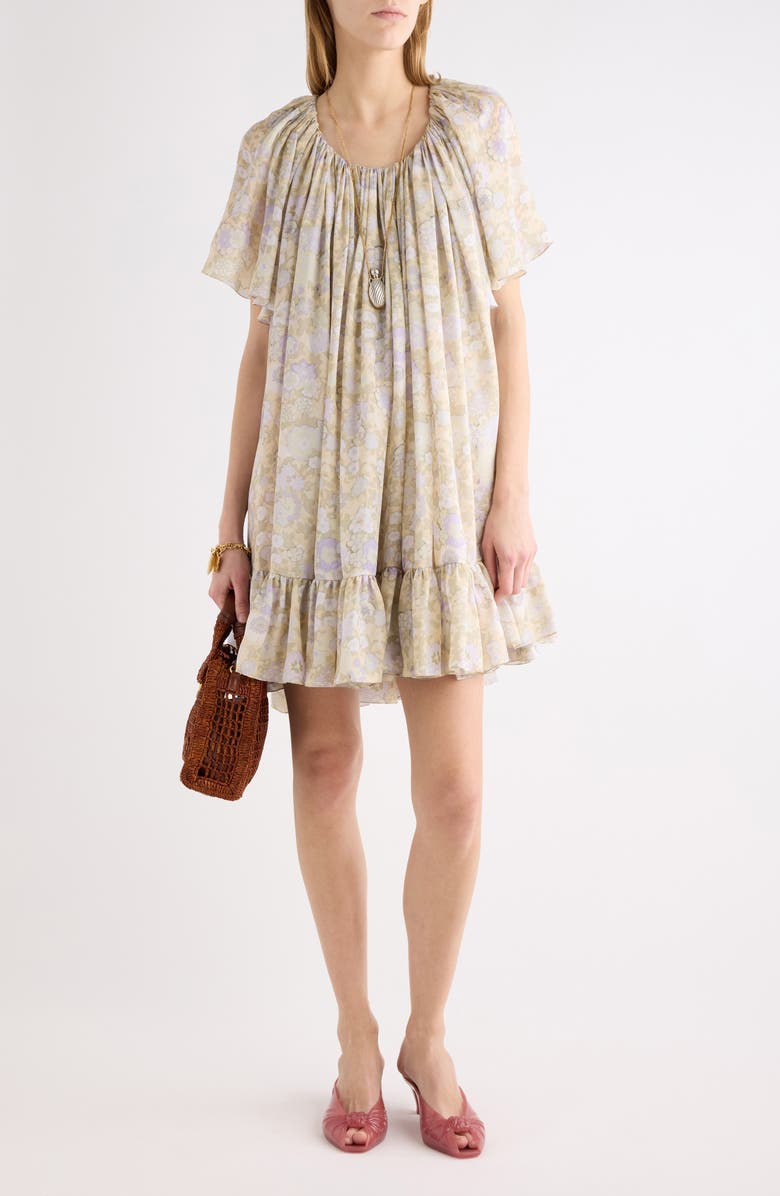 Chloé Painted Flowers Gathered Silk Charmeuse Dress, Main, color, Multicolor Purple 1